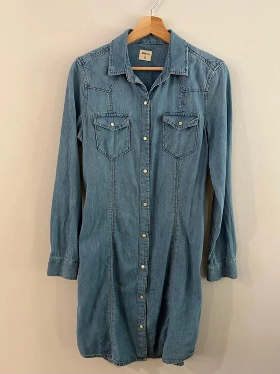 GAP Light Blue Denim Button-Front Shirt Dress with Tie - Picture 4 of 4